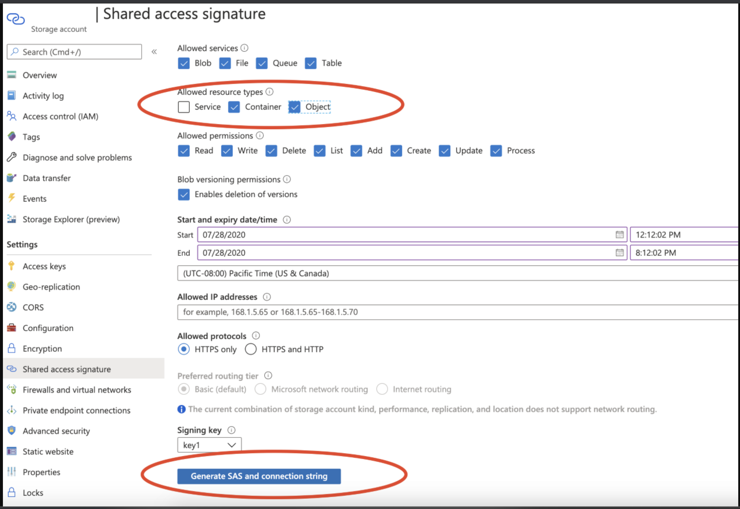 Creating a SAS token from a storage account in Azure