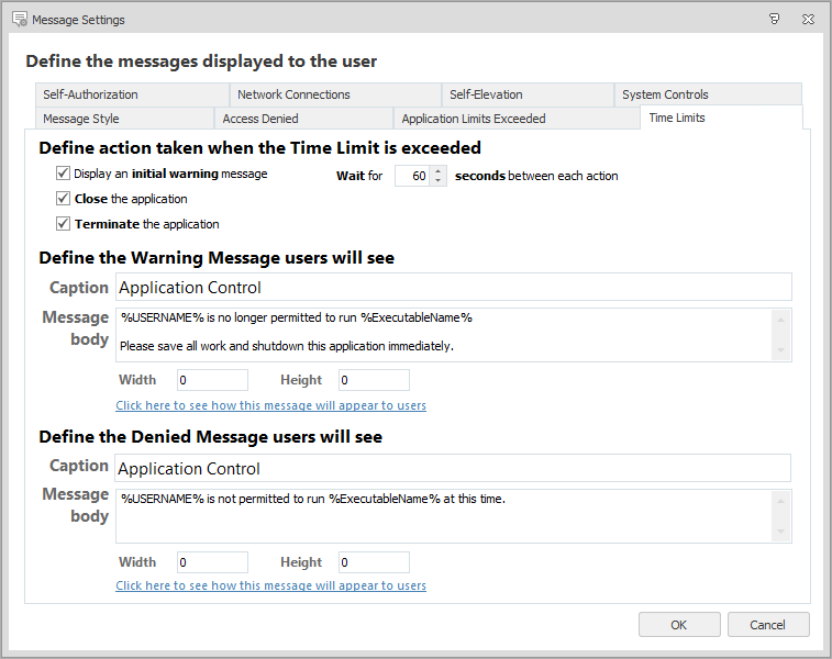 Time Limit Message Message Settings