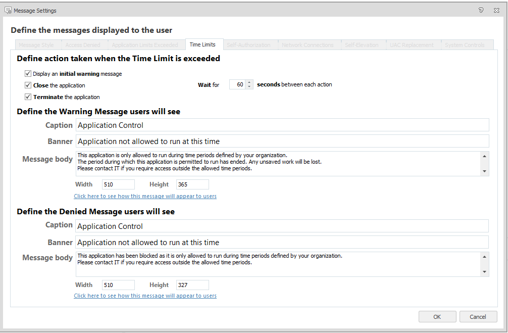 Time Limit Message Message Settings