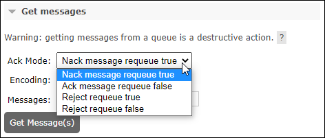 Get Messages section of the RabbitMQ Queues tab