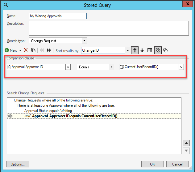 Stored Query dialog showing Approval.ApproverID equals CurrentUserRecordID in Comparison Clause