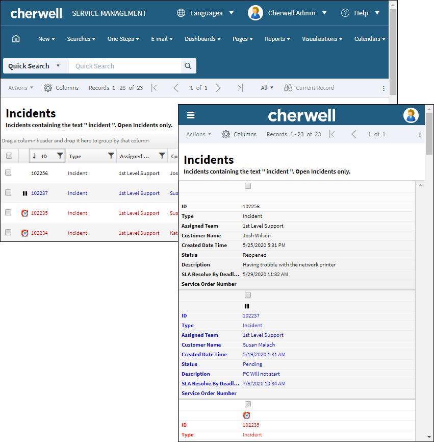 Two CSM Browser Client windows with grids displayed in grid view on the larger one and card view on the smaller one