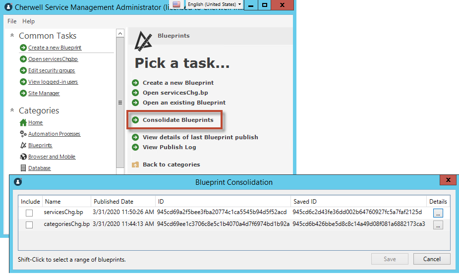 Blueprint Tasks window with Consolidate Blueprints link and Blueprint Consolidation window