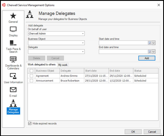 New dialog available in CSM Desktop and Browser clients for managing delegates for work