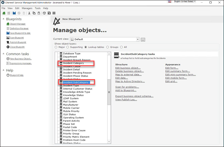 Object Manager for Incident Category and Subcategory Lookup Tables