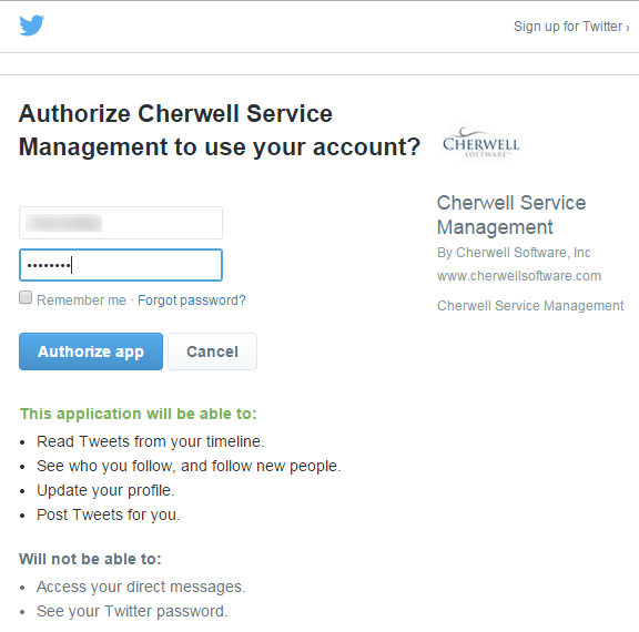 Twitter Authorization window