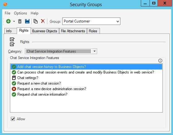 Security Groups window: Rights page - Chat Service Integration Features