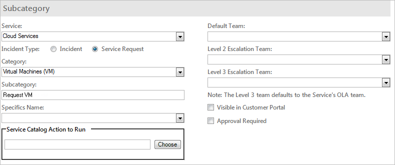 vRealize SubCategory Form (Request VM)