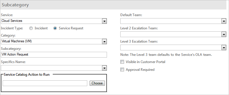 vRealize SubCategory Form (VM Action Request)