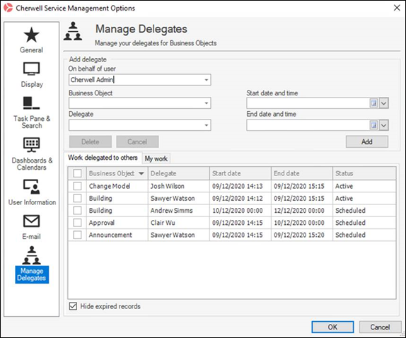 Work delegated to others tab in Manage Delegates window