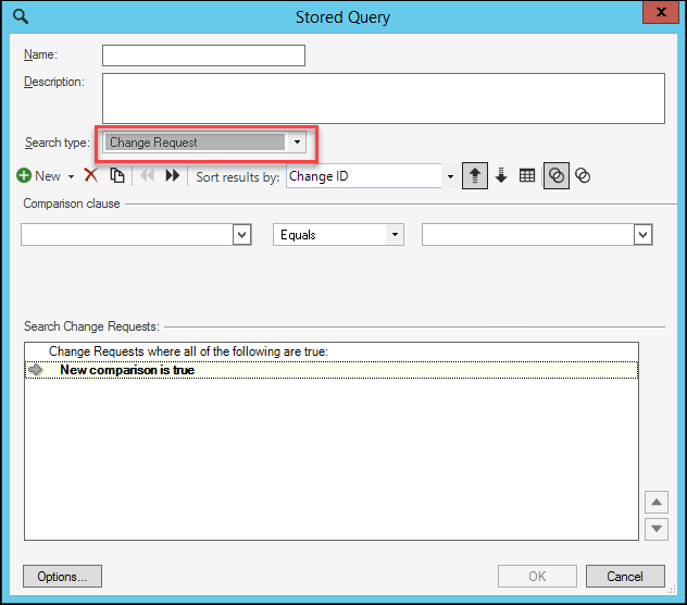 Stored query dialog showing Search Type set to Change Request