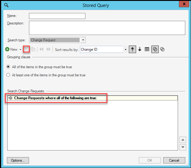 Stored Query dialog showing deletion of Comparison Clause; Grouping Clause remains.