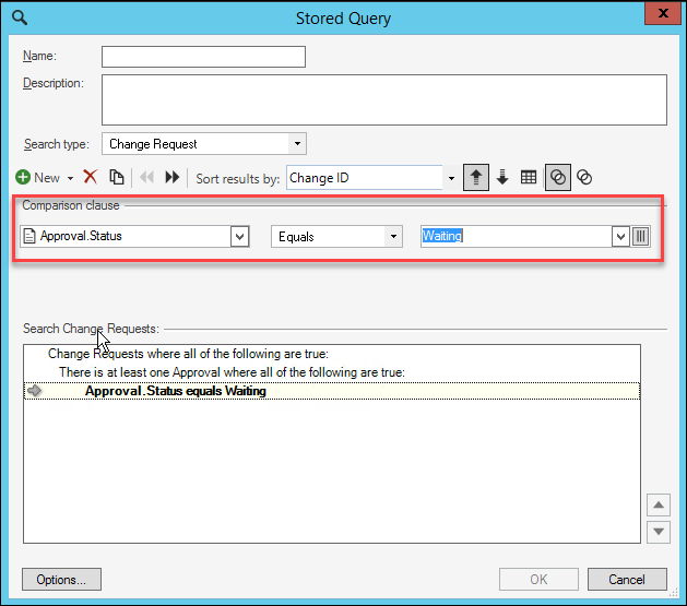 Stored Query dialog showing Comparison Clause set to Approval.Status equals Waiting