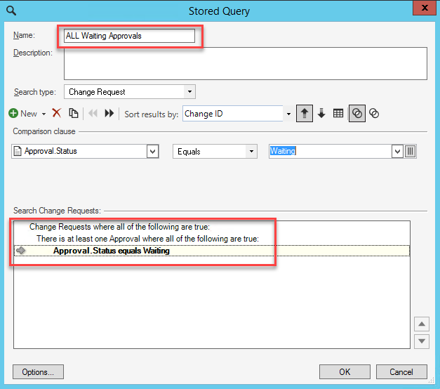 Stored Query dialog showing settings for query for ALL Waiting Approvals