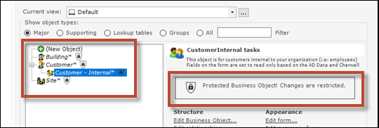 A blueprint showing business object with shield icons on upgadable fields and a message saying Protected Business Object! Changes are restricted.