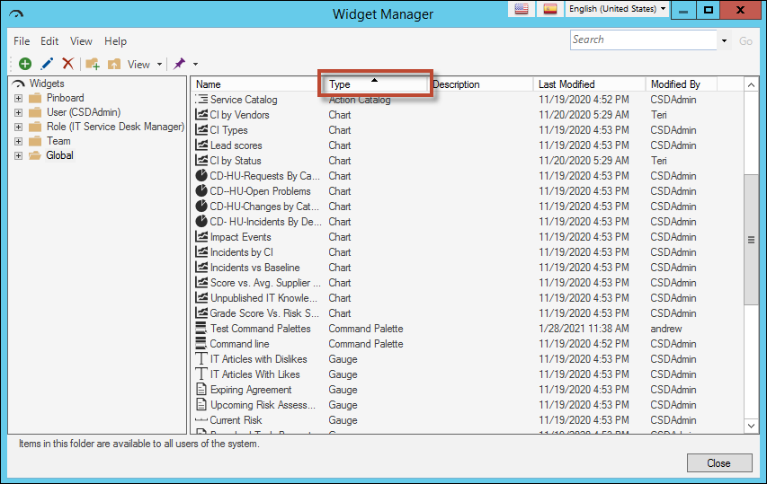 Widget Type in Widget Manager