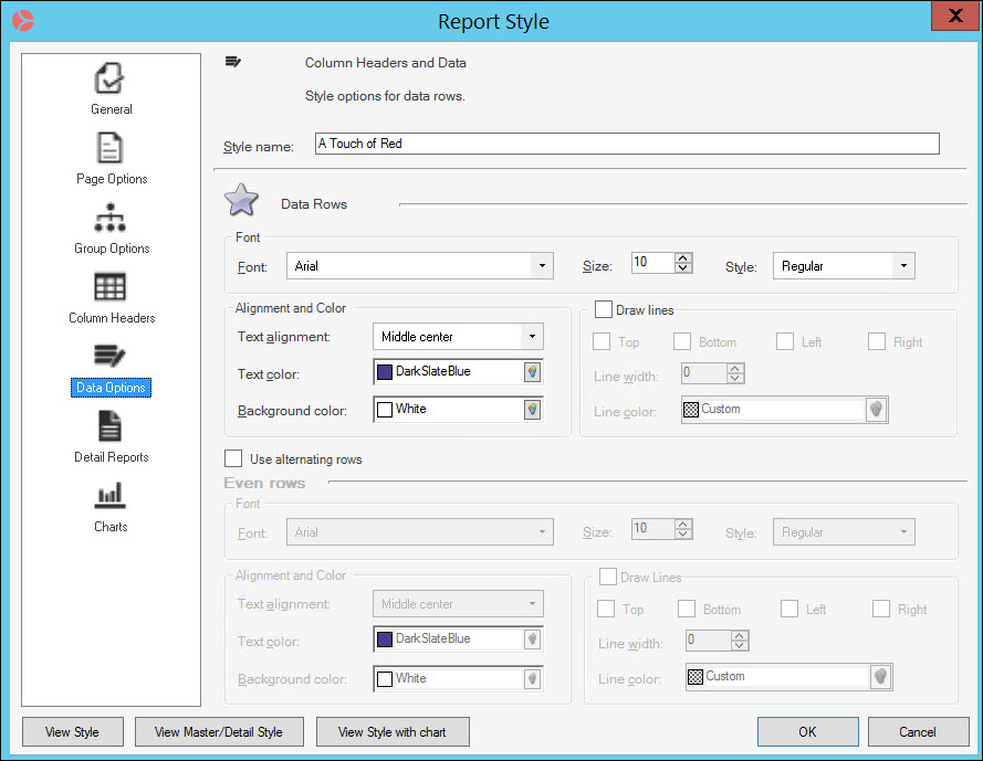 Report Style Window Data Options