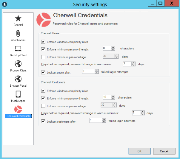 Security Settings Cherwell Credentials