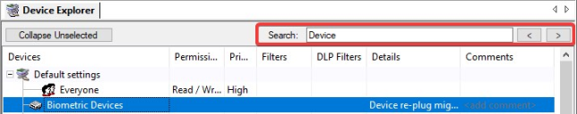 Search control at the top of the Device Explorer