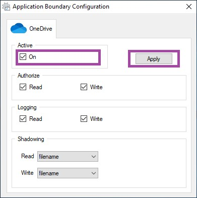 Application Boundary Configuration dialog