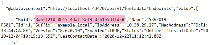 Section of the response JSON with a GUID highlighted.