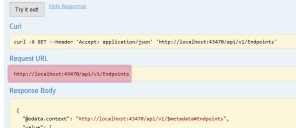 The Request URL field displaying 'http://localhost:43470/api/v2/Endpoints'