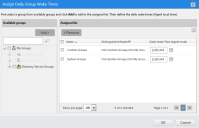 The Assign Daily Group Wake Times Dialog, listing available groups and groups that have been assigned