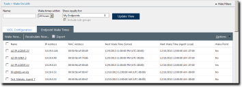 Wake on LAN page, with the Endpoint Wake Times tab open