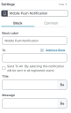 Block settings for Mobile Push Notifications action block 