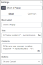 screenshot of block tab settings for the show a pop-up action, this configures a message for the user prior to deleting a record