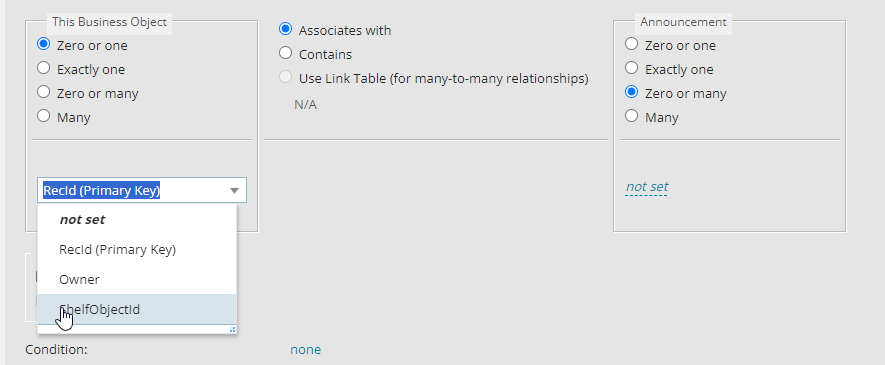 screenshot showing selection of the business object to establish the relationship with