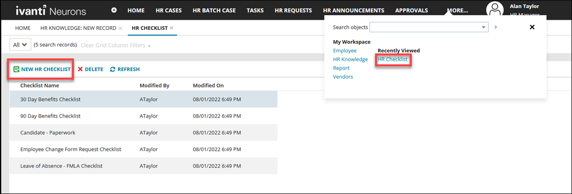 Select More then HR Checklist then New HR Checklist