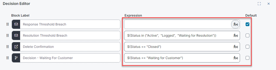 Values for three branches or paths that join on to Decision Status action.
