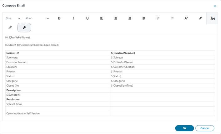 Fields for an email to inform customer of incident closure.
