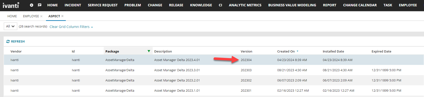 screenshot of the aspect workspace showing the list filtered to show the aspect manager delta packages