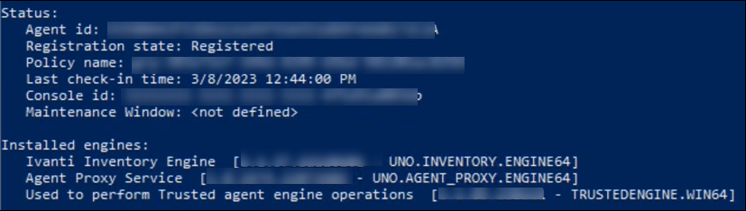 Screenshot of the command line interface after the status command in run, and showing the status and iinstalled engines