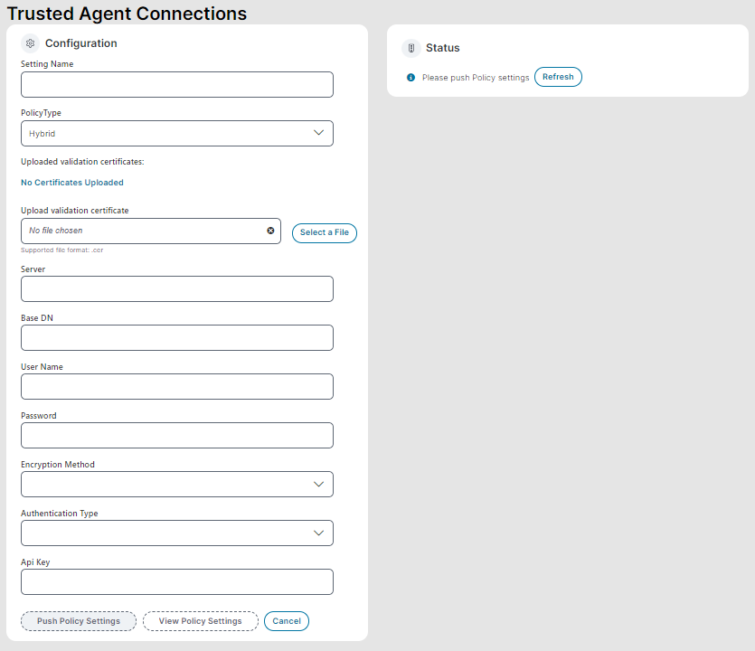 screenshot of the trusted agent connections form, with htbrid selected