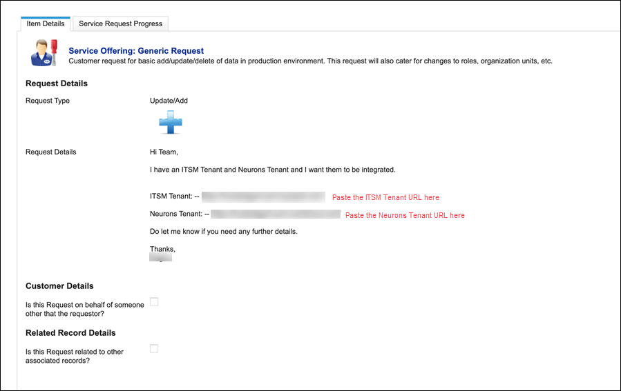 Integration request message showing typical text for the request to integrate tenants