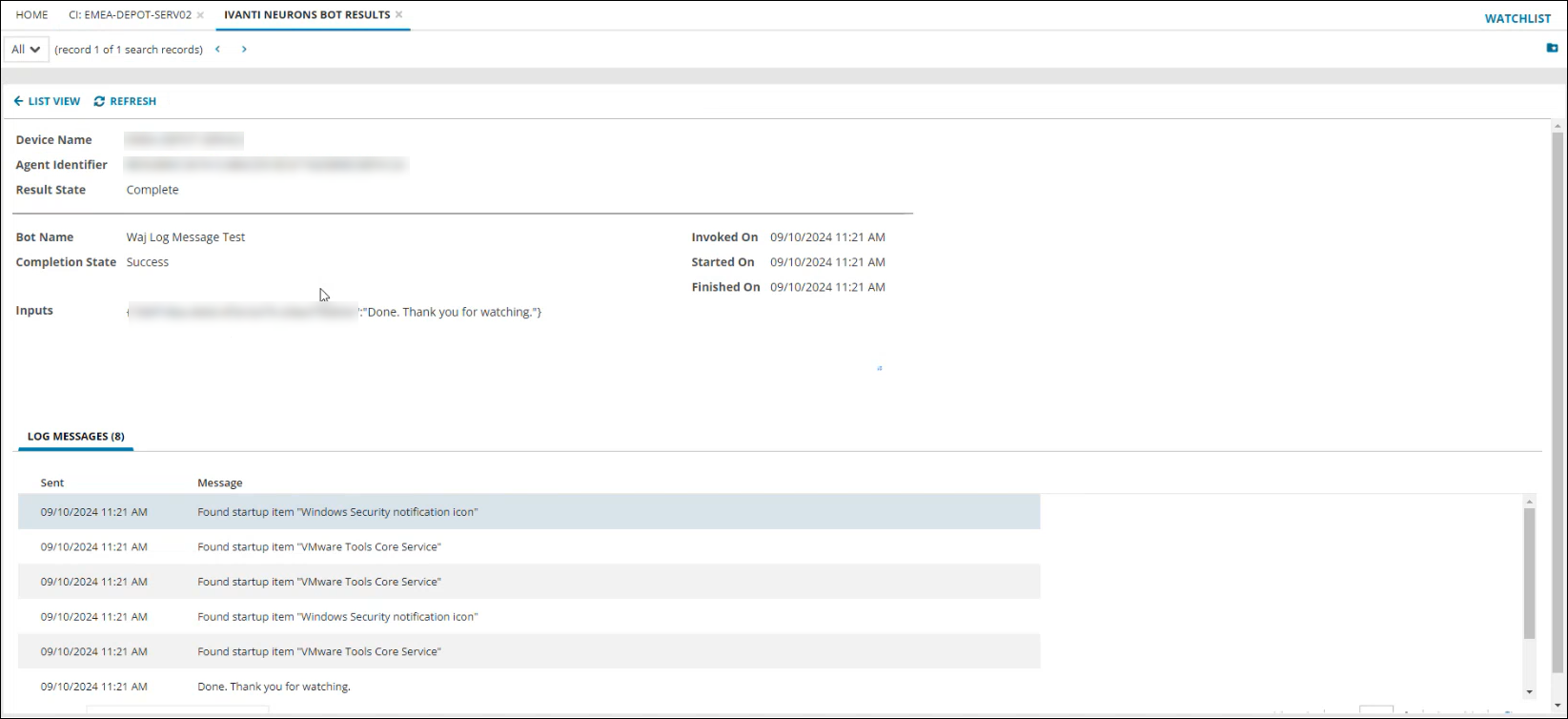 screenshot of the ivanti neurons bot results workspace