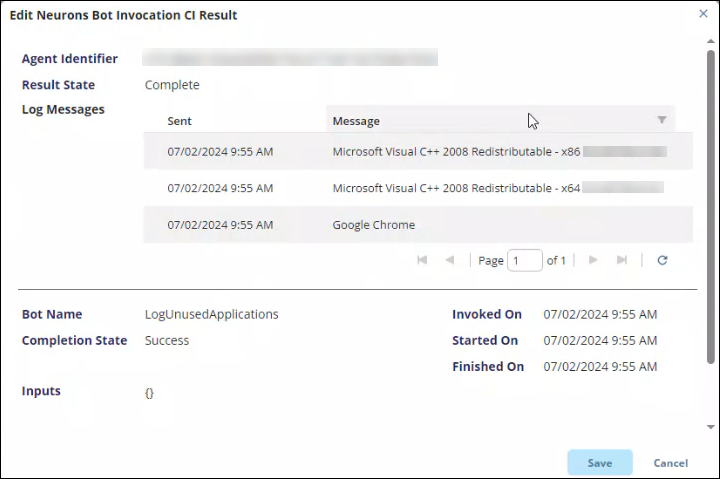 Screenshot of the view neurons bot invocation CI result dialog