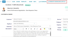 Generate Knowledge Article button in Incident Page