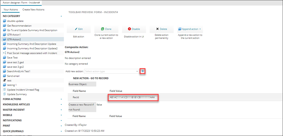 Third image for CAD example of Go to Record showing RecId being inserted