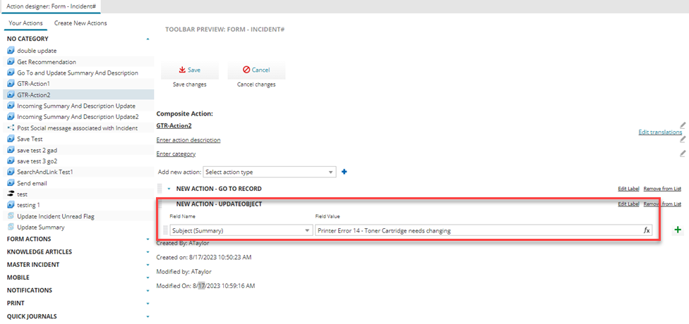 Image 4 for adding the Update Object action and values for it.