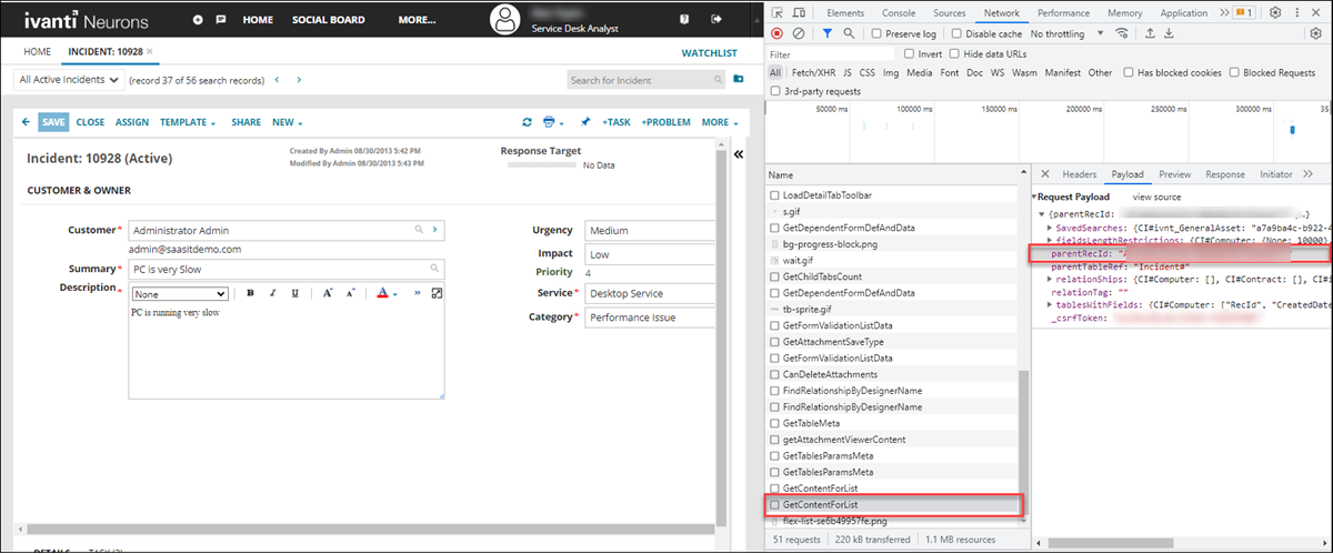 Image 2 for Go To Record and Update record example showing how to find the RecId of an Incident record using Developer Tools