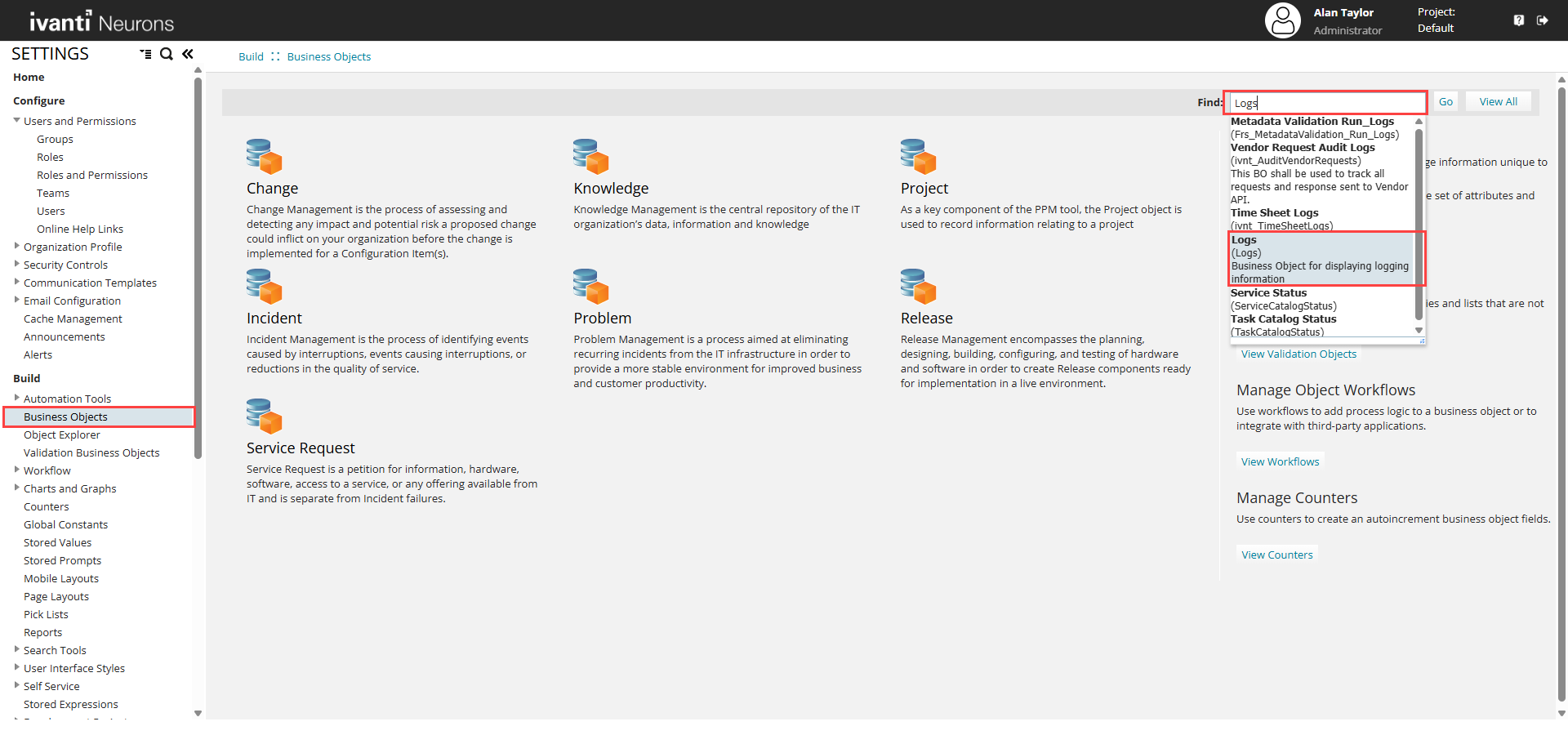 Searching the Logs business object Searching the Logs business object