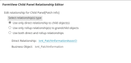 Selecting options in the Form View Child Panel Relationship editor.