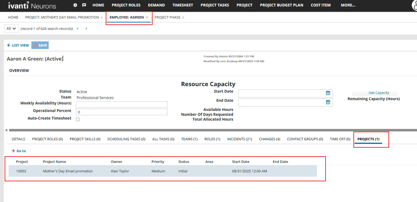 Scheduling Tasks tab of Employee BO