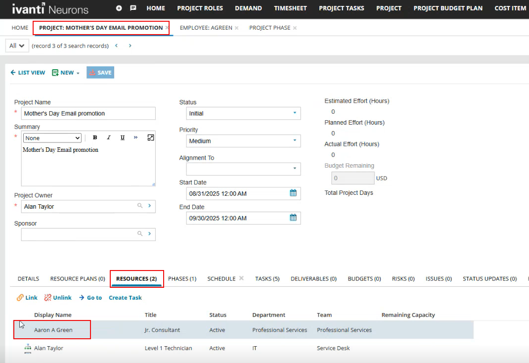 Scheduling Tasks tab of Employee BO