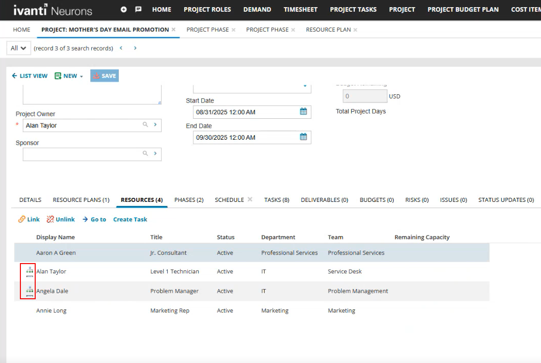 Scheduling Tasks tab of Employee BO