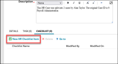 To add an HR checklist to a case, select New HR Checklist Item.